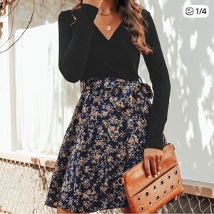 NWT Black Golden Ditsy Floral Print A Line Long Sleeve Mini Dress